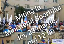 Miting de protest la Ministerul Sportului, în data de joi, 23 martie 2023, începând cu ora: 12.00.