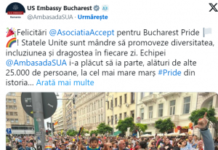 Și Ambasadorul SUA a fost la marșul homosexualității. Ambasada Americii a felicitat activiștii LGBT pentru “cel mai mare marș #Pride din istoria României!”