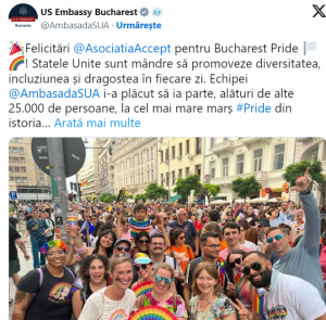 Și Ambasadorul SUA a fost la marșul homosexualității. Ambasada Americii a felicitat activiștii LGBT pentru “cel mai mare marș #Pride din istoria României!”