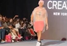 Ce a ajuns Săptămâna Modei: Un tânăr îmbrăcat cu o pungă de gunoi a defilat pe podium, fiind primit cu un ropot de aplauze de către public…