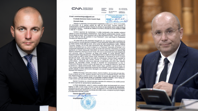 CNA sancționează A3-CNN pentru propaganda anti-PATRIOTICĂ și etichetarea lui Andrei Gușă ca susținător fervent al Rusiei